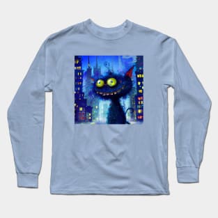 Coffee Drinking Blue Cat Stays Up All Night in the City Long Sleeve T-Shirt